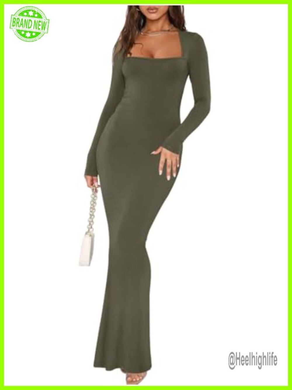 Ribbed Bodycon Maxi Dress Long Sleeve Square Neck Lounge Dress